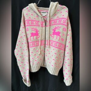 American Eagle Outfitters Pink and Tan Reindeer Cardigan